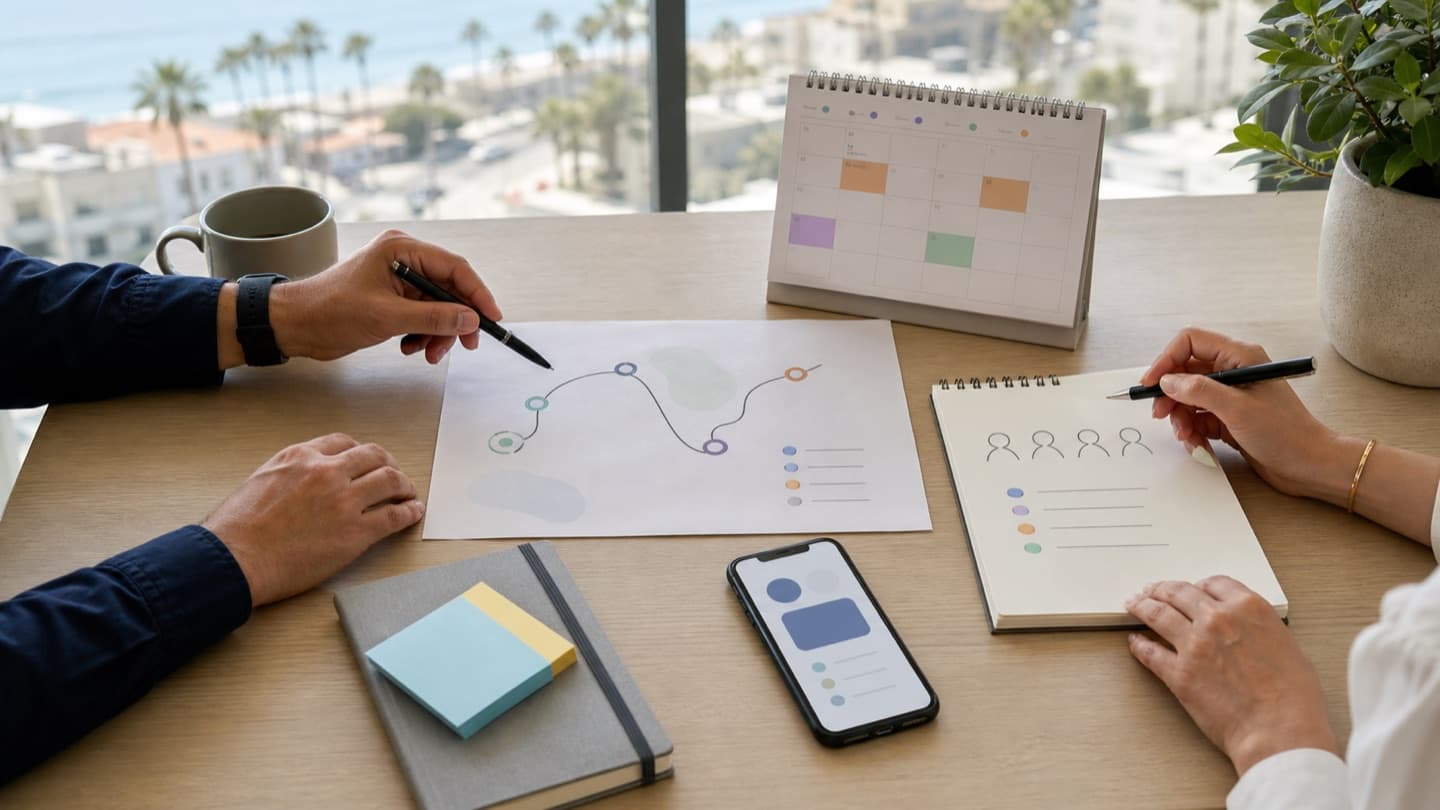Illustration of hands planning a route with a map and calendar